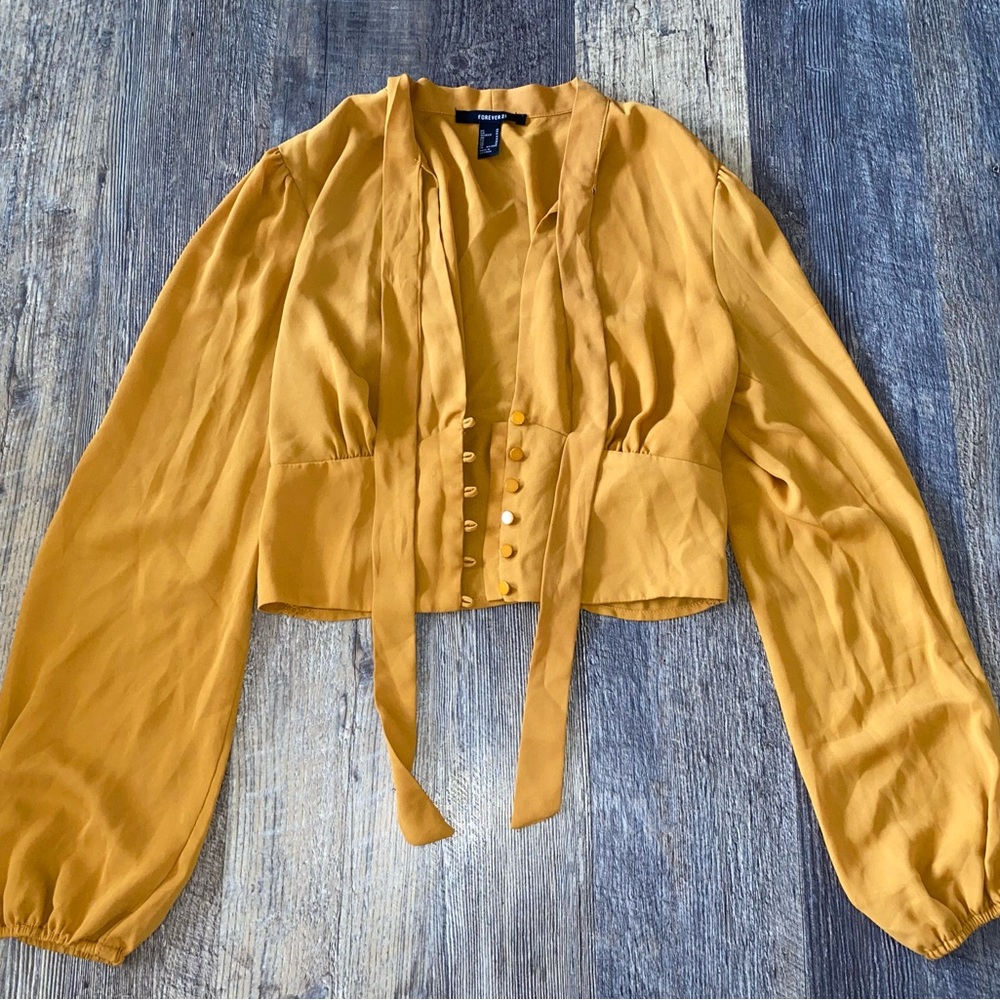 Forever 21 Mustard Tie-Neck Cropped Blouse